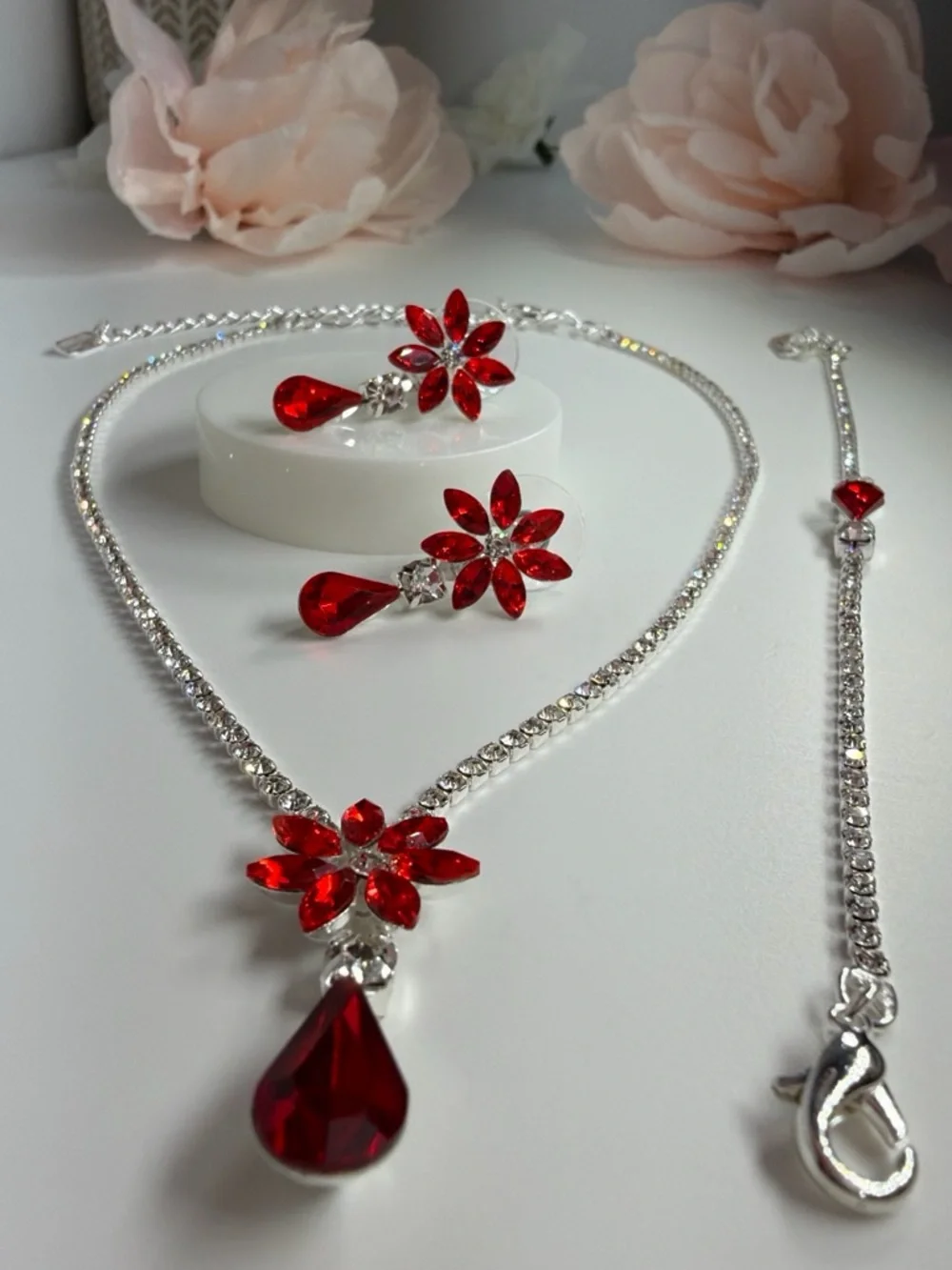 Elegant Red Crystal Floral Necklace & Earring Set - Women Jewelry